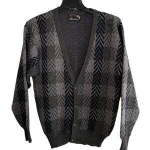 VTG Mens Cardigan Sweater Geometric Grandpa Medium Pure Wool Kurt Cobain 80s 90s